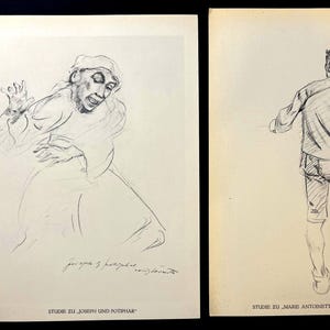 May include: Two sketches on paper. The left sketch depicts a man in a distressed pose, with the text "STUDIE ZU JOSEPH UND POTIPHAR" below. The right sketch shows a man from the back, with the text "STUDIE ZU MARIE ANTOINETTE AUS DEN ,TEAGKOMODEN" below.