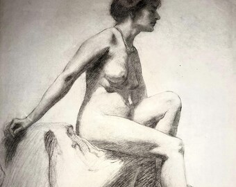Seated Female Figure-Angelo Comolli-1910s Italian Charcoal Drawing