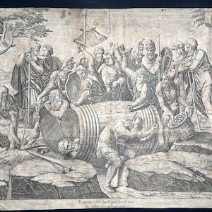 May include: A black and white engraving depicting a group of figures surrounding a large wooden barrel. One figure is inside the barrel, while others stand around it holding tools and shields. Latin text is printed along the bottom edge.