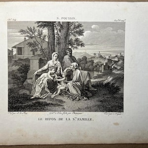 19th Century Engraving – The Rest of the Holy Family – After 17th Century Master Poussin Painting
