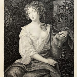 May include: An antique black and white engraving of a woman with curly hair, wearing a light-colored dress and draped fabric. She is holding a lamb. The image has text at the bottom: "Painted by Sir Peter, Lady. Engraved by The Wright. Member Flat of the Impressed Starsbury and of Reve."