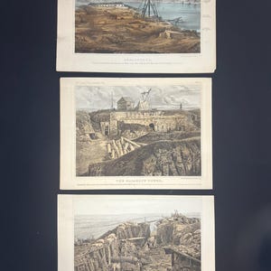 May include: Three antique lithographs depicting historical scenes. The top print shows a coastal landscape with a large structure and water. The middle print depicts a fortress with logs. The bottom print shows a battle scene.