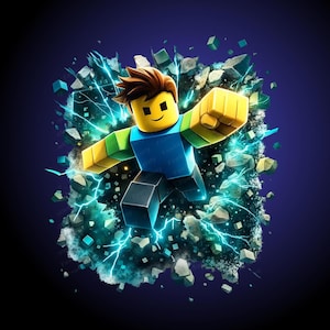 Puede incluir: Ilustración digital de un personaje de Roblox en una pose dinámica, rodeado de rayos azul eléctrico y elementos de roca fragmentados. El personaje tiene cabeza amarilla, torso azul, brazos verdes y piernas negras, sobre fondo azul oscuro.