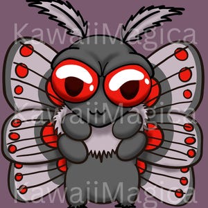 May include: A cartoon illustration of a gray and white moth with large red eyes. The moth is holding its wings in front of its body, as if it is hugging itself. The moth has a cute, cartoonish expression on its face.