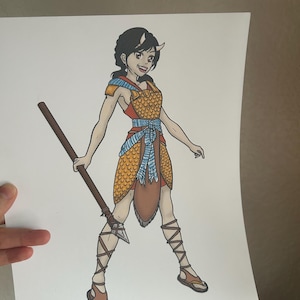 May include: Illustration of a character in fantasy armor, holding a spear. The character has black hair, small horns, and is wearing a gold and orange scaled breastplate, a blue sash, and brown sandals. The spear is brown with a silver spearhead.