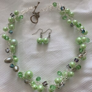 Necklace of Wire Crocheted with Pale Green Pearl Beads.  Short choker.  Matching Earrings.