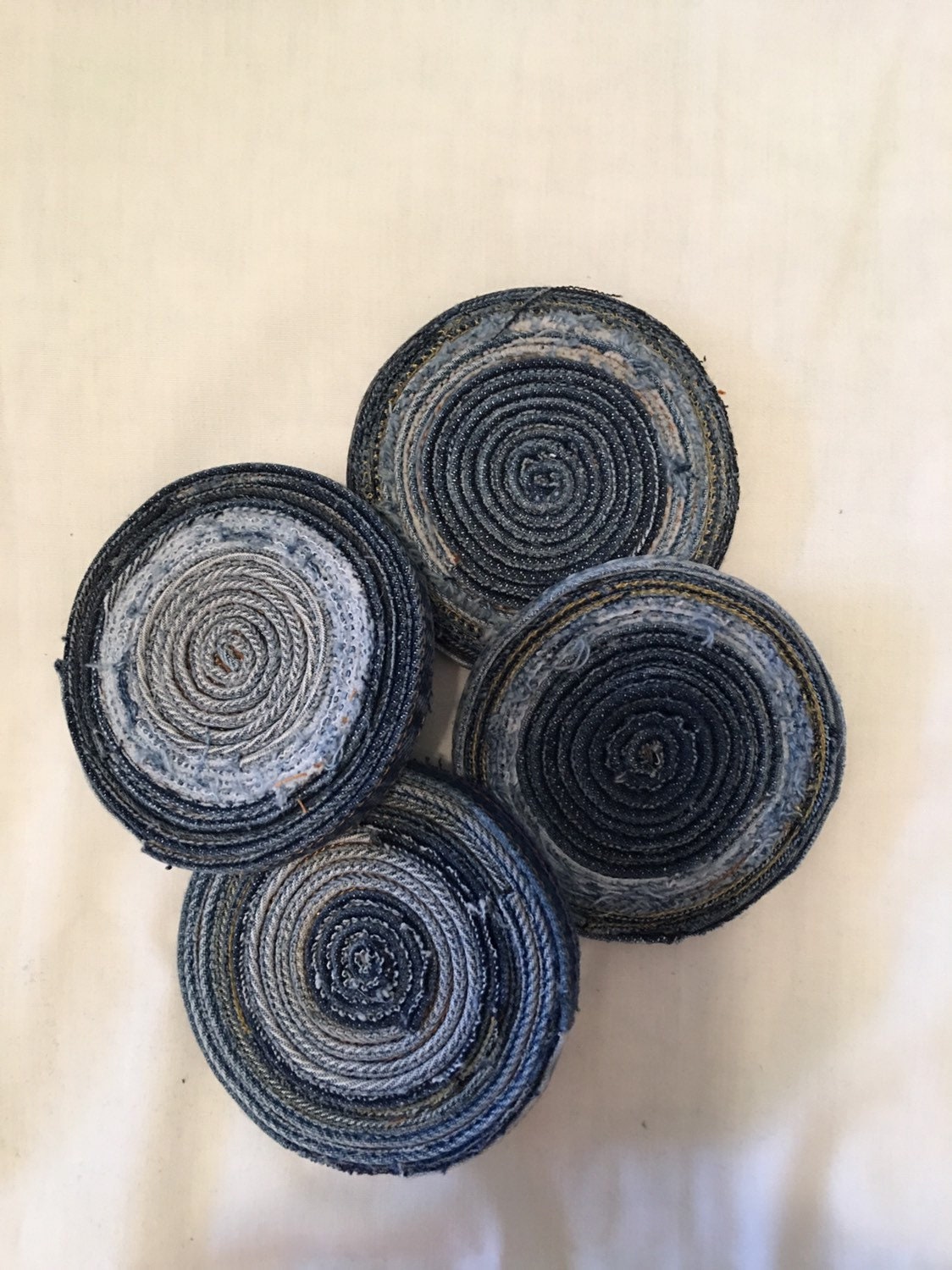 Coasters, Jeans Seams Repurposed into 4 Coasters, Blue, 4” diameter.  Nice gift.  Cowboy Country Look