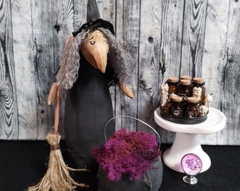 Primitive Ardesia Witchy Witch Halloween Stump Doll Decoration with Broom and Cauldron