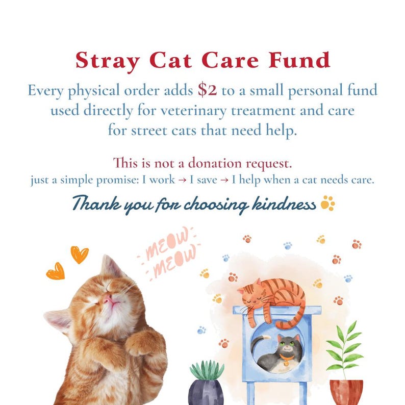 May include: An illustration with the text "Stray Cat Care Fund" and a promise to donate to street cat care. It features a happy orange tabby cat, a sleeping orange tabby, and a gray cat in a blue cat house. The text says "Thank you for choosing kindness."