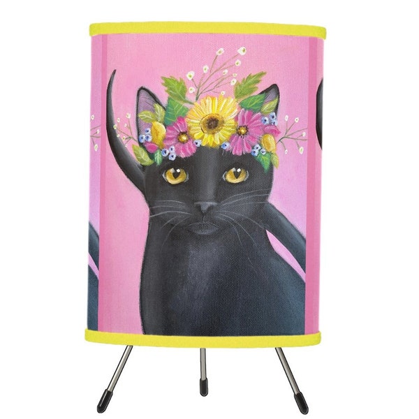 Black Cat with Flower Crown Table or Tripod Lamp with Shade, 2 Styles