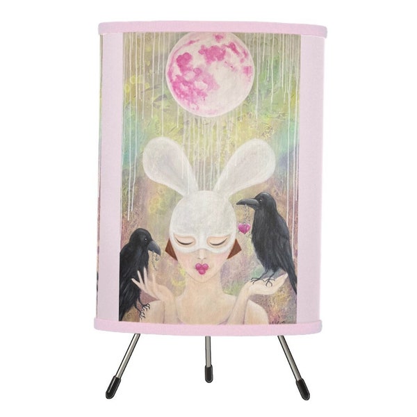 Bunny Girl and Ravens Whimsical Art Tripod or Table Lamp