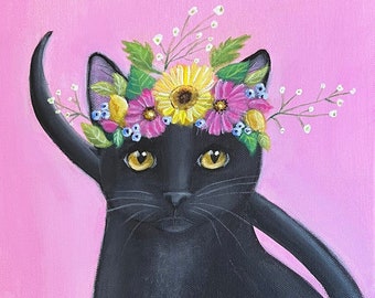 Black Cat in Flower Crown Acrylic Painting, 10" x 20"