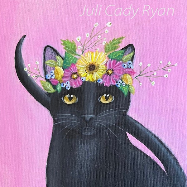 Black Cat in Flower Crown Acrylic Painting, 10" x 20"