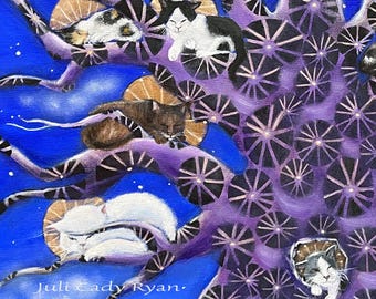 Sleeping Angel Cats in Tree Painting on Stretched Canvas 15" x 30"