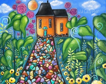 Whimsical Cottage and Flowers Acrylic Painting on Canvas