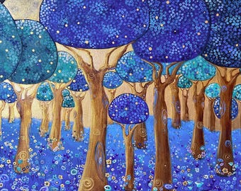 Blue Forest and Flowers Whimsical Art Poster Print