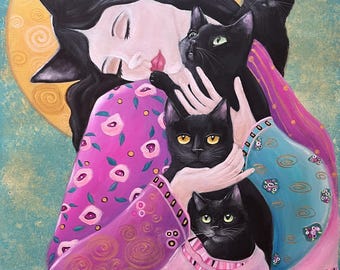 Black Cats Whimsical Print, Cat Lady, Cat Lovers, 3 Sizes!