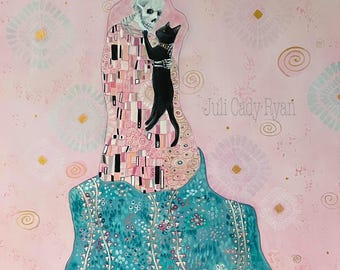 Black Cat and Skeleton Klimt Inspired Poster Print, 2 Sizes!