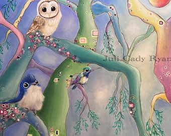 Whimsical Birds in Tree Colorful Art Print, 2 Sizes! Bird Lovers, Spring Art