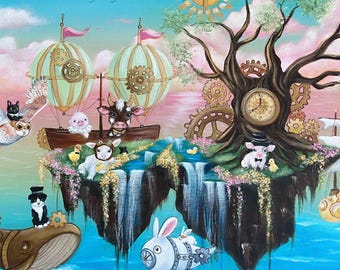 Whimsical Steampunk with Animals Seascape Print, Ocean Steampunk, Animal Lovers, 3 Sizes!