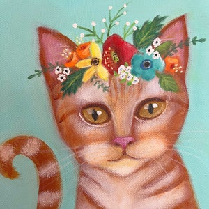 Orange Cat with Flowers Whimsical Poster Print, 10&quot; x 24&quot;