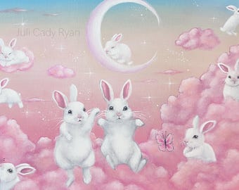 White Bunnies Pink Clouds Whimsical Art Print, Moon Nursery Decor