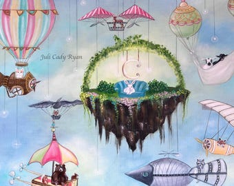 Animals Flying Whimsical Art on Stretched Canvas