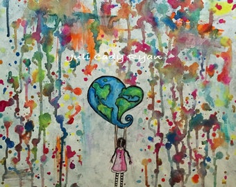 Girl Saves World Whimsical Art Canvas Painting