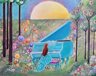 Girl and Piano in Meadow Whimsical Art Print, 4 Sizes!