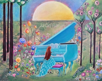 Girl and Piano in Meadow Acrylic Painting on Canvas, 24" x 24"