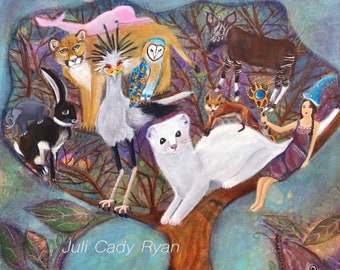 Animals in Tree Whimsical Art Poster Print, choose from 4 sizes!