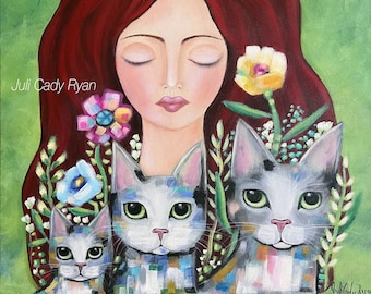 Woman with Three Whimsical Cats Print, 4 Sizes!