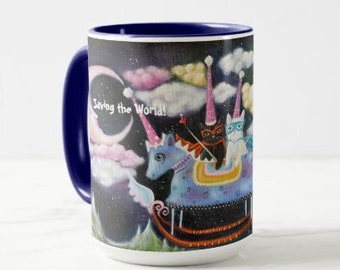 Cat Superheroes Whimsical Art Mug, Two Toned!