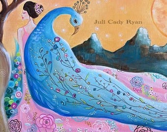 Woman and Peacock Landscape Print, Bird Lovers, Colorful, 24" x 36", Uplifting Artwork