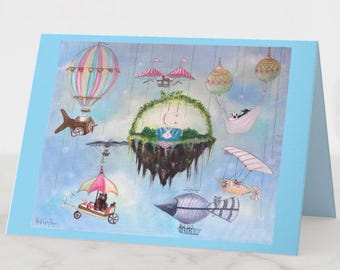 Whimsical Animals Flying Customizable Card, Birthdays, Graduation, New Job, etc.