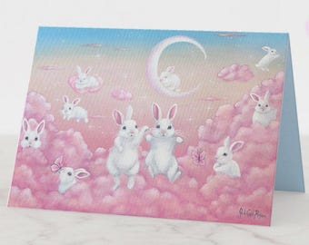 Customizable Bunnies in Pink Clouds Greeting Card for Birthdays, New Baby, Easter and more!