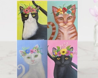 Four Whimsical Art Cats Birthday Card, Customizable!