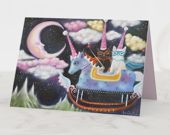 Customizable Cat Superheroes Whimsical Art Greeting Card, Birthday, Love, Encouragement