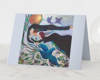 Romantic Lovers Whimsical Art Greeting Card for Anniversary, Valentine's Day, Wedding