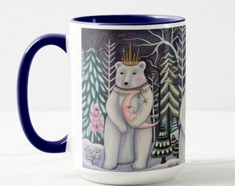 Polar Bear and Pink Moon Whimsical Art Mug, Two Toned!