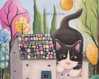Tuxedo Cat Whimsical Acrylic Painting on Stretched Canvas, 16" x 16"