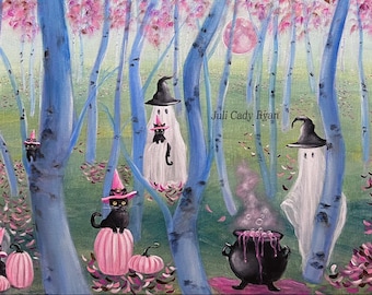 Spooky Soiree Art Print: Ghosts and Black Cats Forest Scene