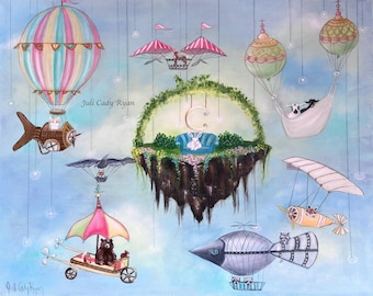 Whimsical Animals Flying Print, 5 Sizes! Happy SteamPunk, Animal Lover, Flying Machines
