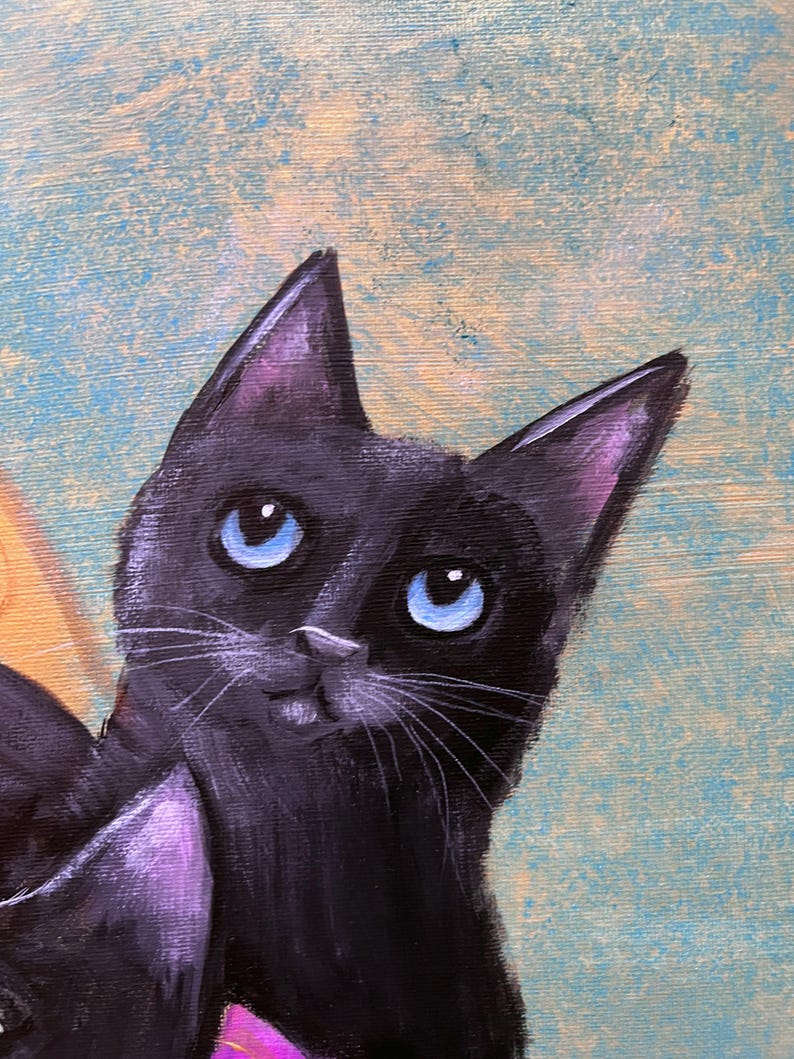 May include: A close-up painting of a black cat with bright blue eyes and a slight smile. The cat's fur is a deep black, with purple accents on the ears. The background is a textured blend of light blue and yellow.