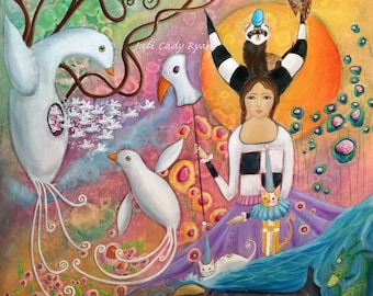 Whimsical Animals and Girl Colorful Art Poster Print