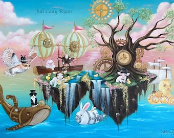 Whimsical Steampunk with Animals Seascape Canvas Painting, Animal Lovers, Steampunk Fans