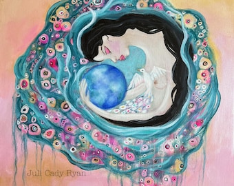 Mother Earth Woman and Flowers Whimsical Print, 4 Sizes! Dove and Peace, Peaceful Art, Colorful