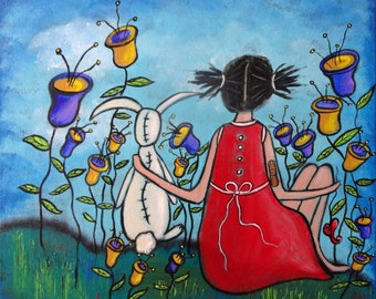 Girl and Stuffed Bunny Art Print, 4 Sizes, Child's Lovey, Children's Stuffed Animal
