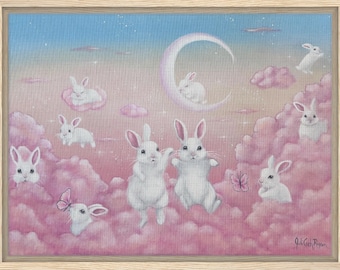Whimsical Bunnies in Pink Clouds Framed Canvas Print, 24" x 18", Animal Lovers, Nursery Gift
