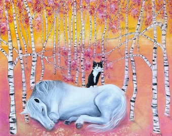Tuxedo Cat and Horse in Forest Print, Friendship Art, 3 Sizes!